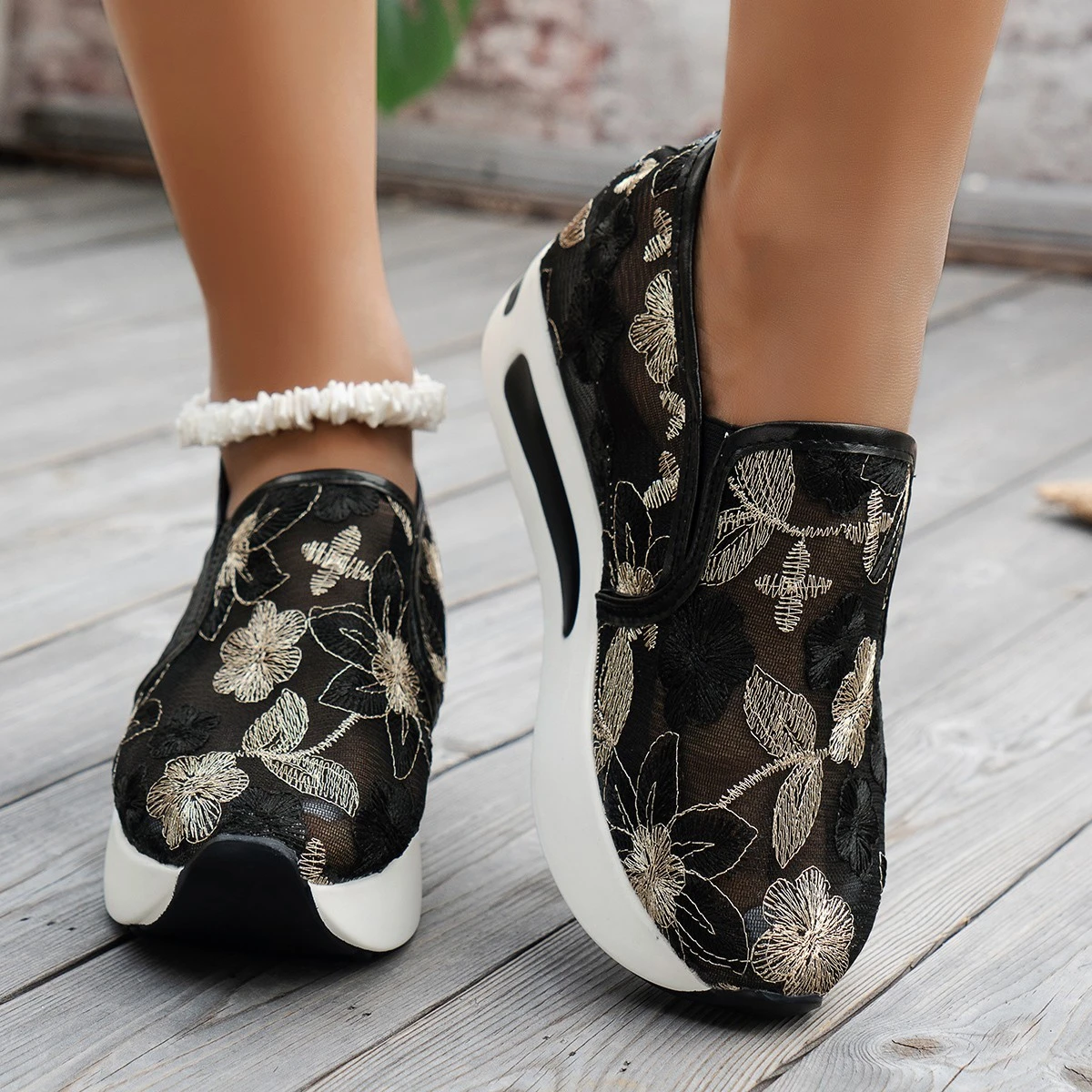 Zapatos deportivos de malla con bordado de flores para mujer, calzado informal y cómodo de tacón alto