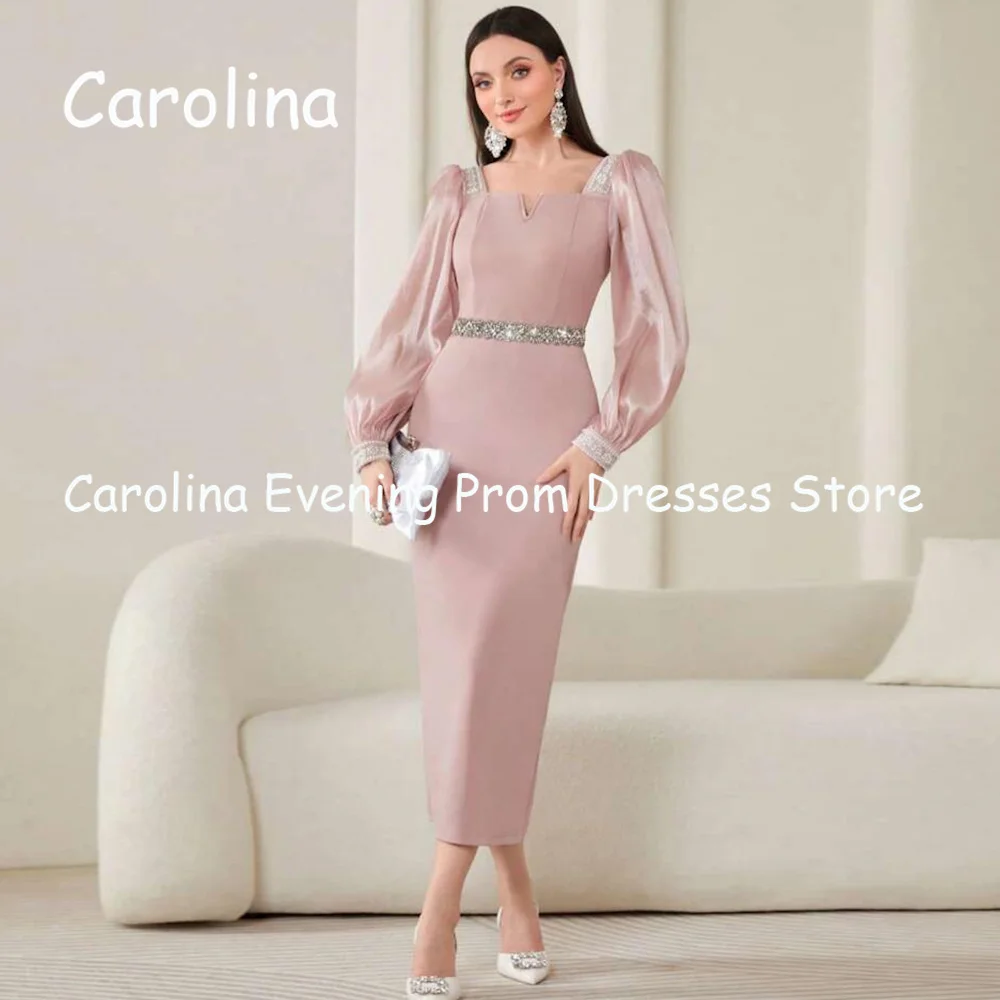 Carolina Satin Mermaid Square Neck Ruffle Prom Gown Ankle Length Saudi Evening Formal Elegant Party Dress for Women 2023