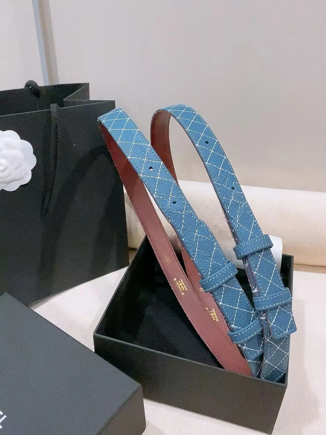 Unisex Genuine Leather Replacement Belt Strap Without Buckle Blue Diamond Quilted Texture Double Sided Wear Waist Belt Band Multi Sizes