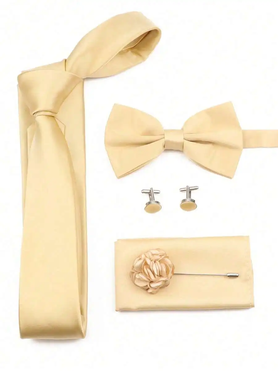 SGIAWETA-5pcs/Set Champagne Color Groomsmen Tie Set Including Tie, Bow Tie, Pocket Square, Boutonniere, Cufflinks, Wedding Attire, INS Style-birthdaygift view 4
