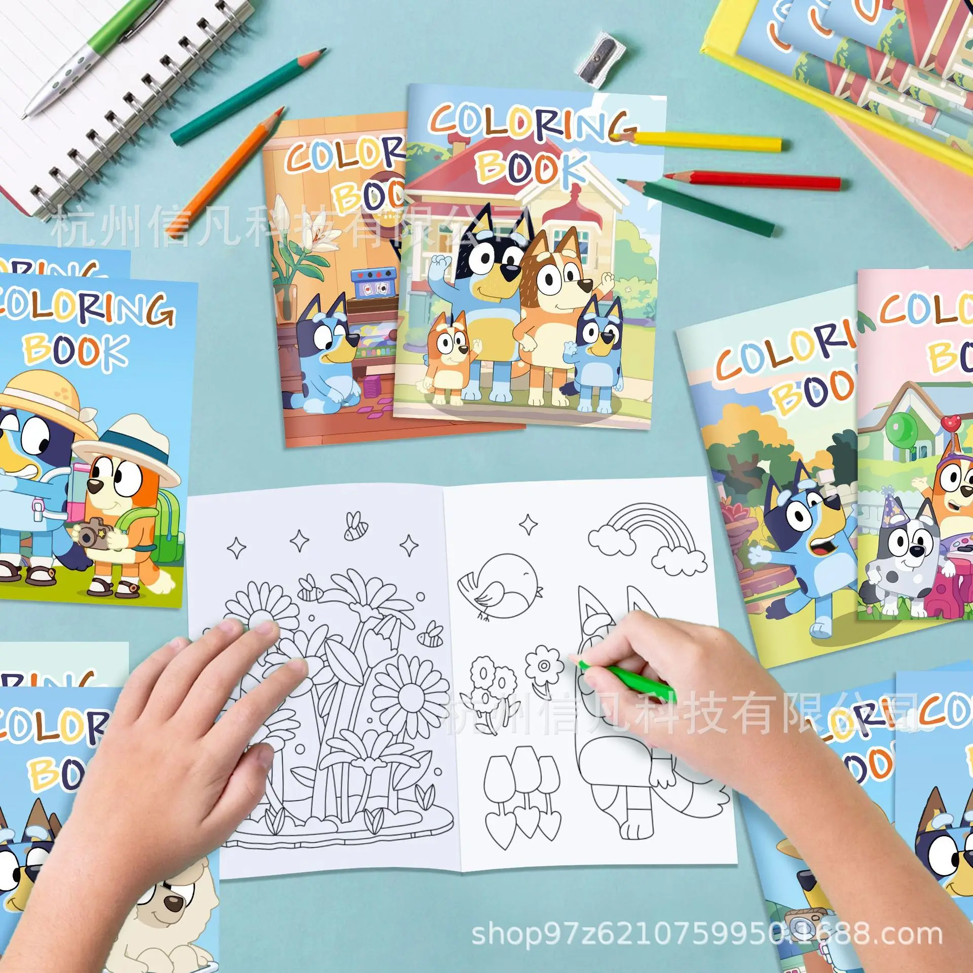Libro de Colorear DIY de Bluey, el Perro Azul, 6 Piezas, para Fiestas, con Tela Colorida y Dibujos Animados