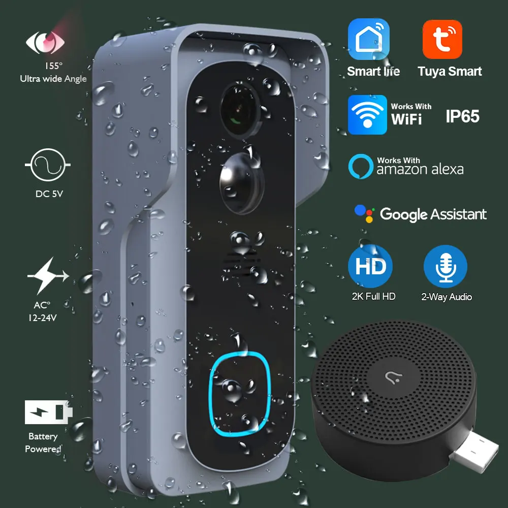 Tuya Smart Video Doorbell 3MP IP65 Waterproof Battery AC 12V WiFi Wireless Door Bell Camera Intercom Event Record Home Security