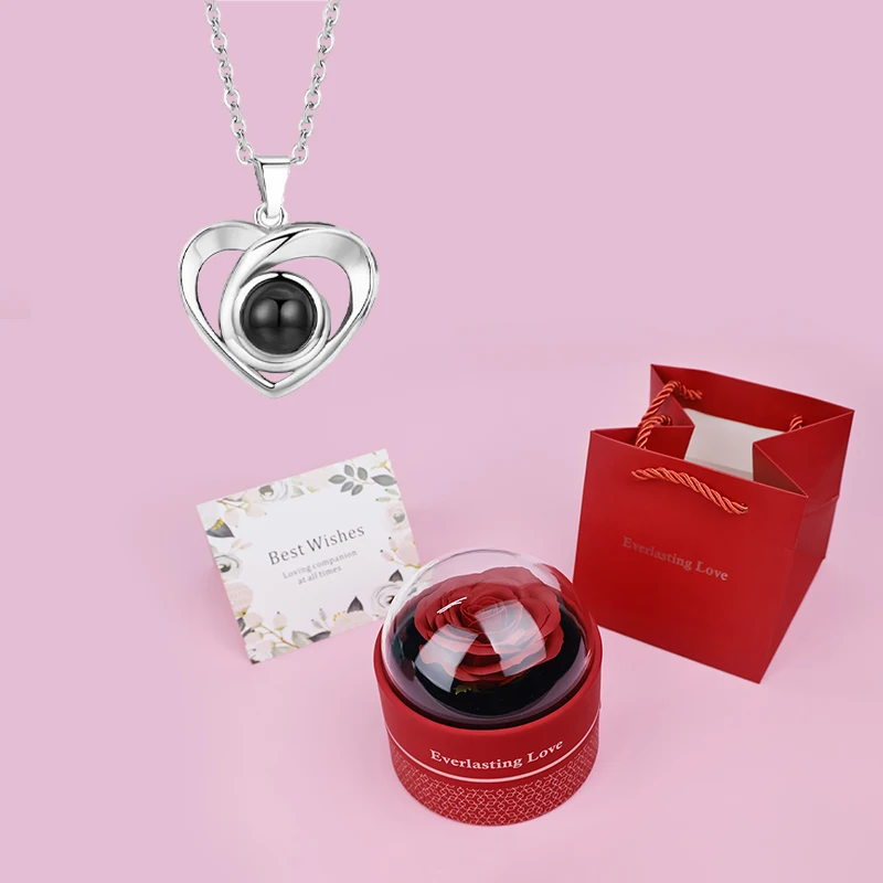 

100 Languages I Love You Projection Necklaces With Luxury Rose Flower Gift Box Christmas 2025 Mother Day Gifts Jewelry Romantic