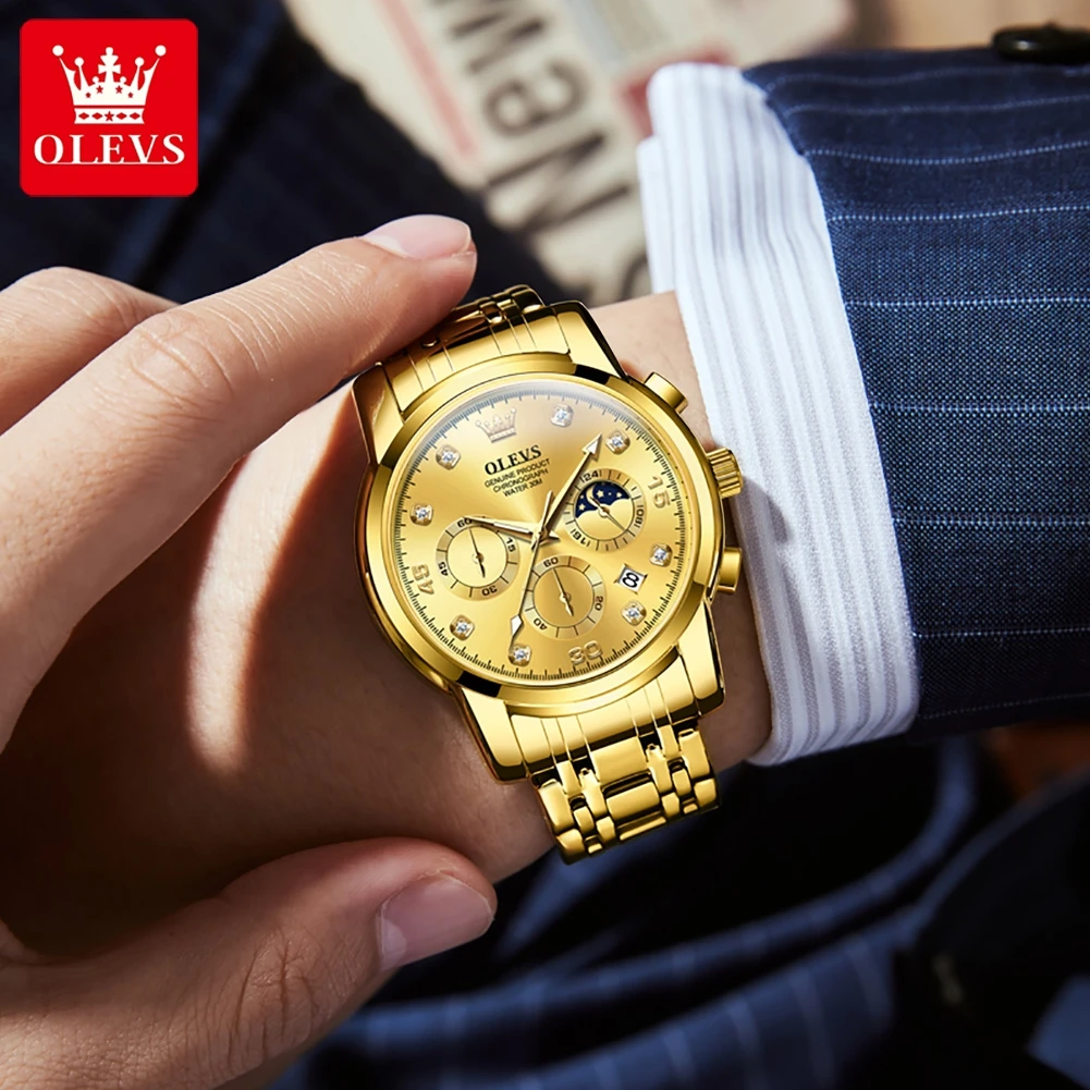 OLEVS-reloj de cuarzo de acero inoxidable con esfera redonda, cronógrafo luminoso, calendario, 2889