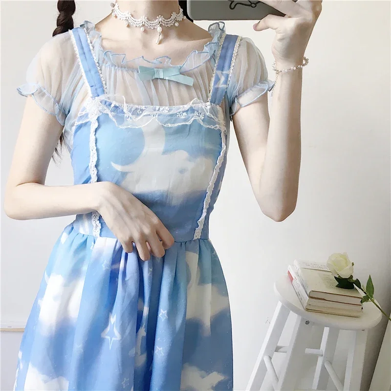 بلوزة نسائية شفافة بأكمام قصيرة ، قمم لوليتا ، قميص أميرة كاواي ، فتاة موري فاير نعل رقيق ، الصيف