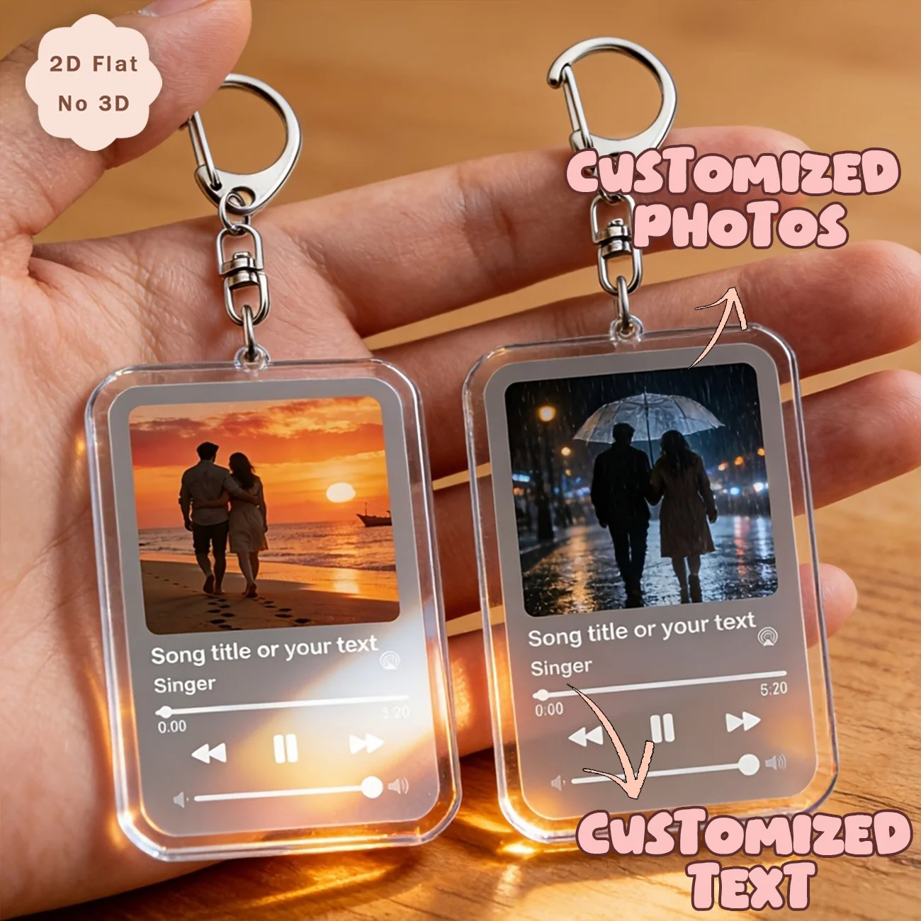 Custom Photo Acrylic Keychain, Music‑Player‑Style Personalized 2D Flat Song List Key Ring, Custom Text Bag Charm, Romantic Gif