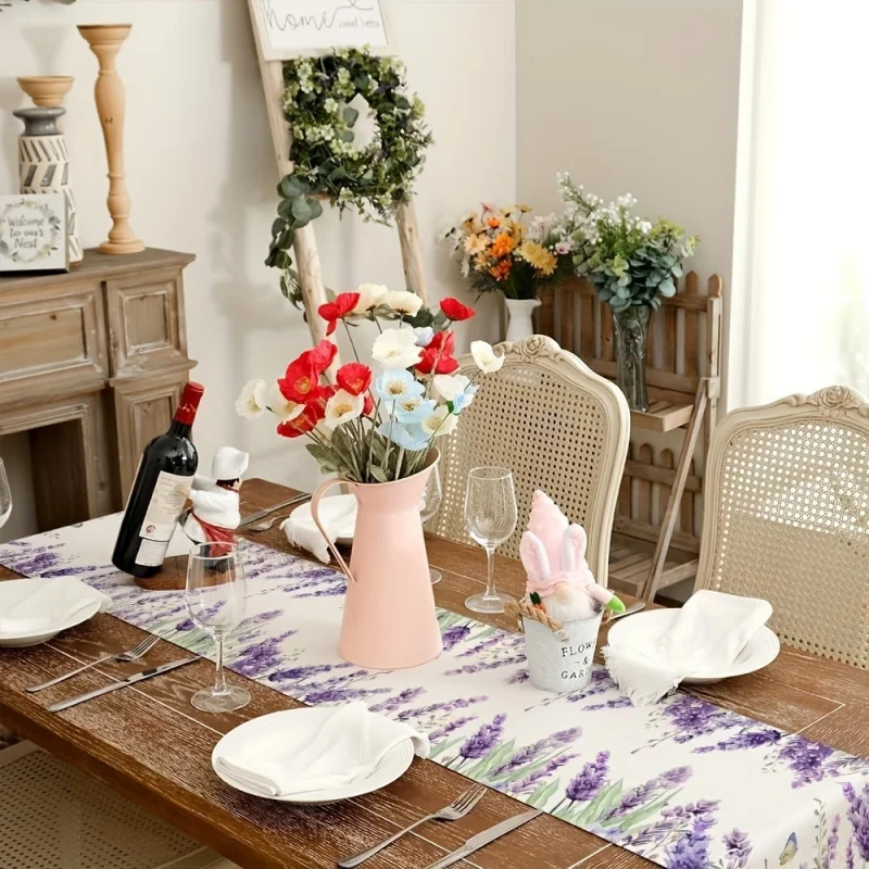 Spring Lavender Theme Linen Table Runner Rural Farmhouse Kitchen Restaurant Desktop Decoration Party Table Flag