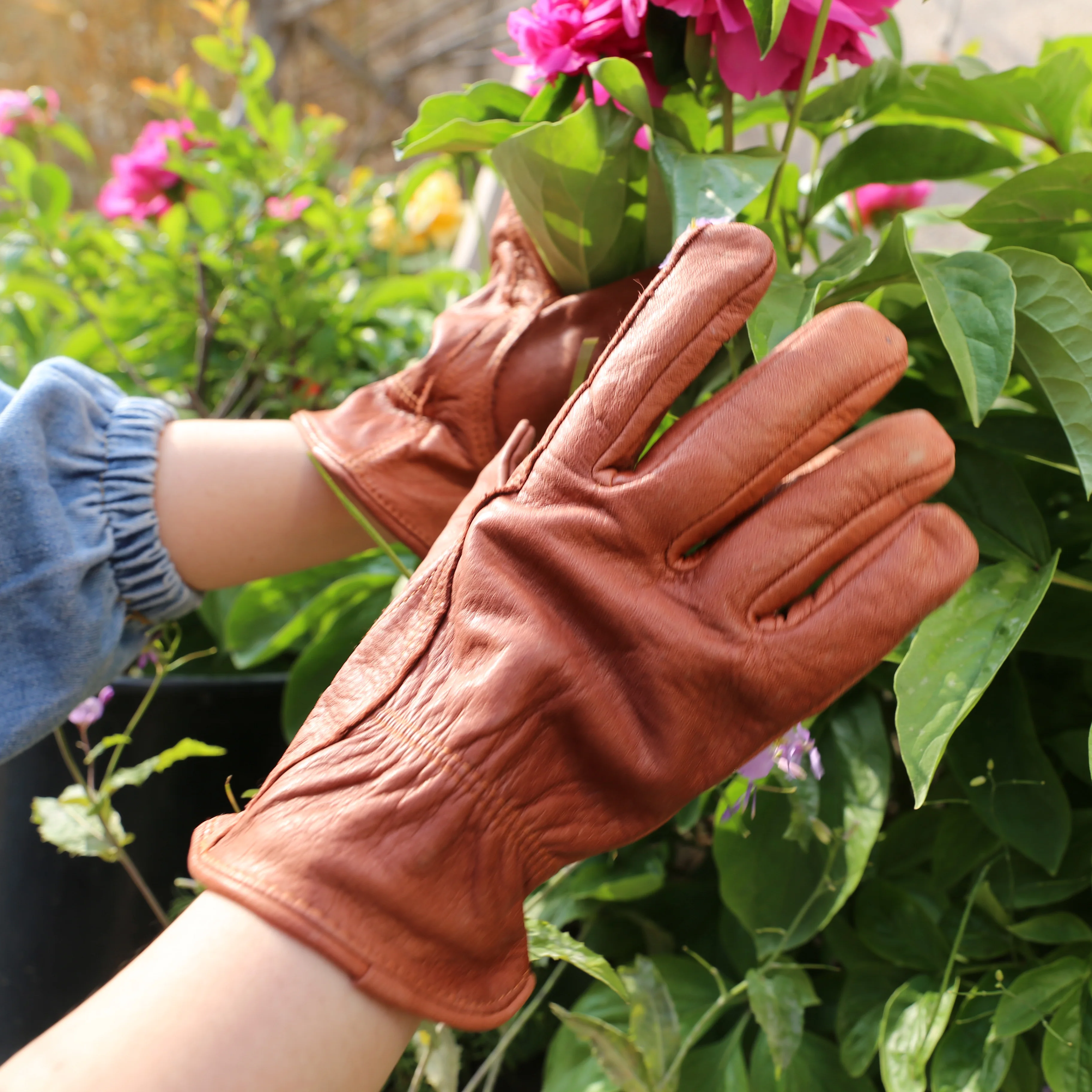 Brown Leather Work Gloves Motorcycle / Driving / Gardening / Cycling / Fruit Picking Safety  Gloves By Dian Shang