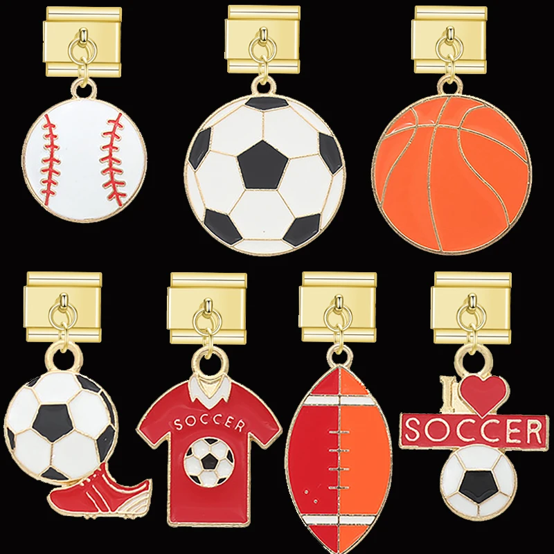 

Stainless Steel Italian Bracelet Charms Sport Balls Soccer/Baseball/Basketball Enamel Kit Links Fit 9mm DIY Jewelry Accessories