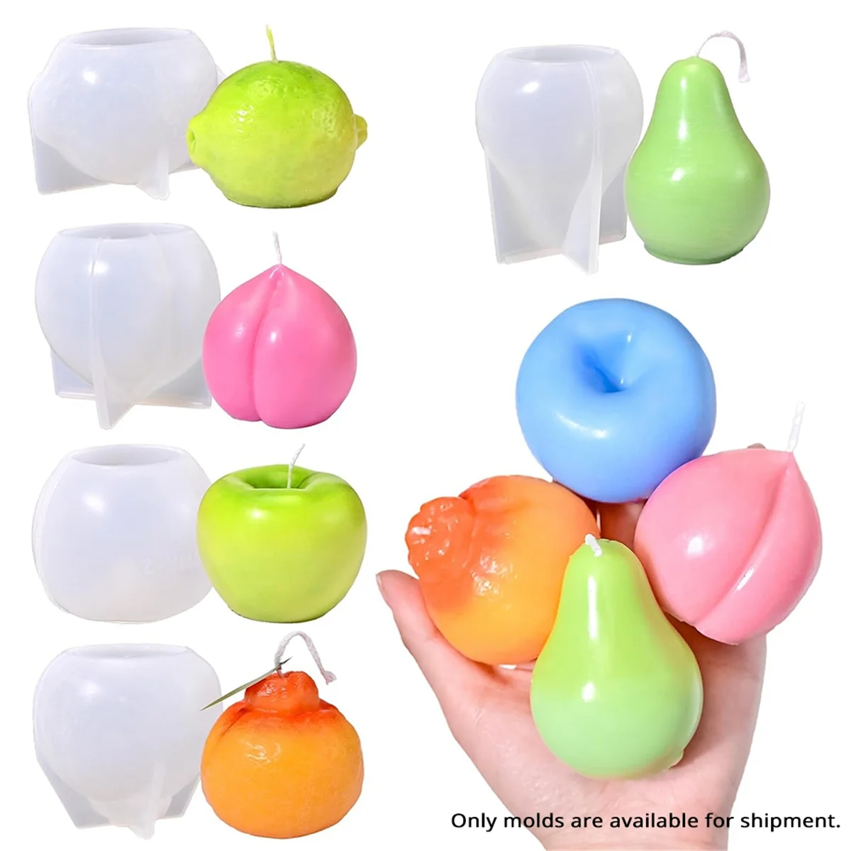 ABXK Juego de 5 moldes para velas de frutas, moldes de silicona 3D, pera, naranja, limón y melocotón para hacer velas, jabón de velas DIY