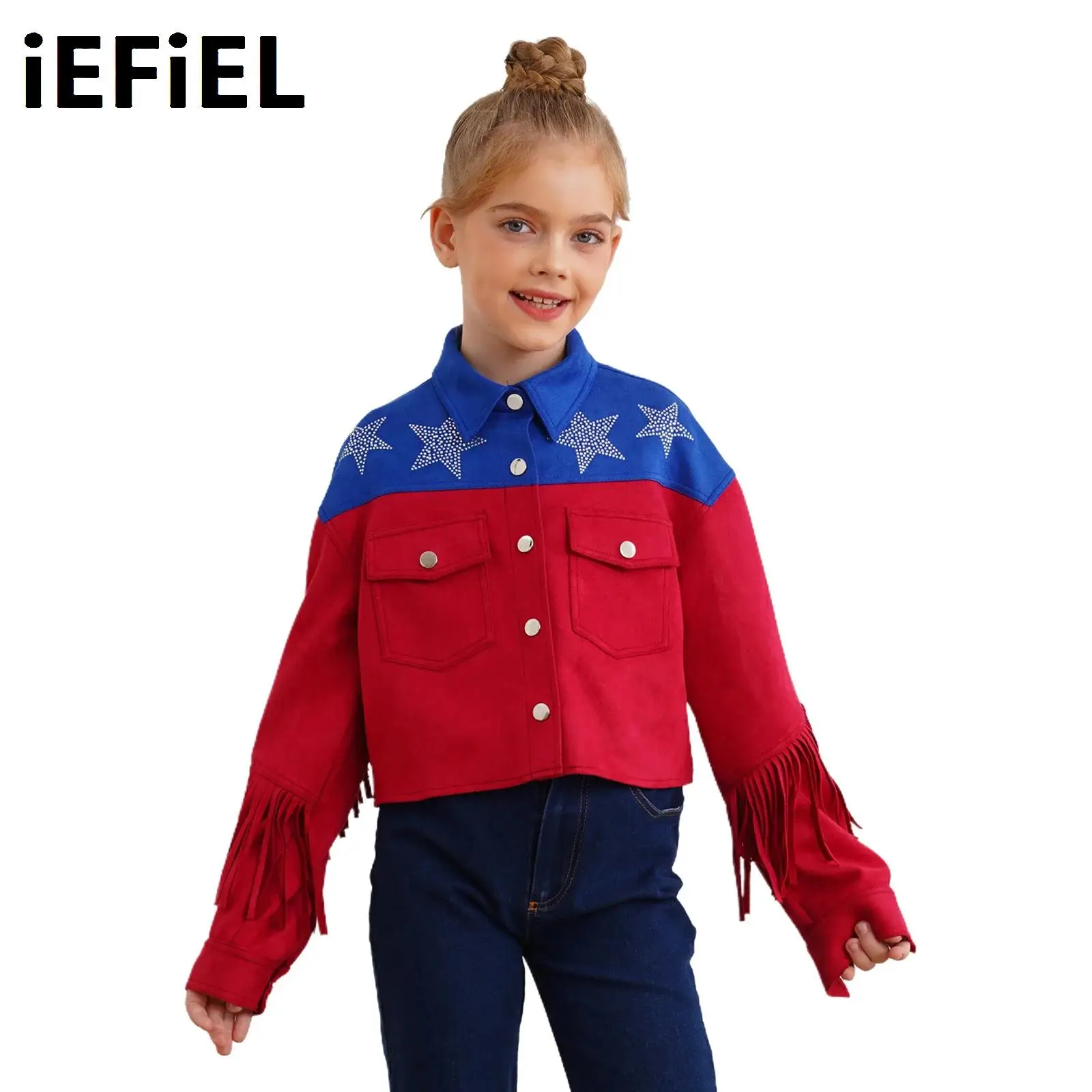 

Kids Girls Tassels Jacket Faux Suede Turn-Down Collar Long Sleeve Star Rhinestones Color Block Fringe Jacket Outerwear