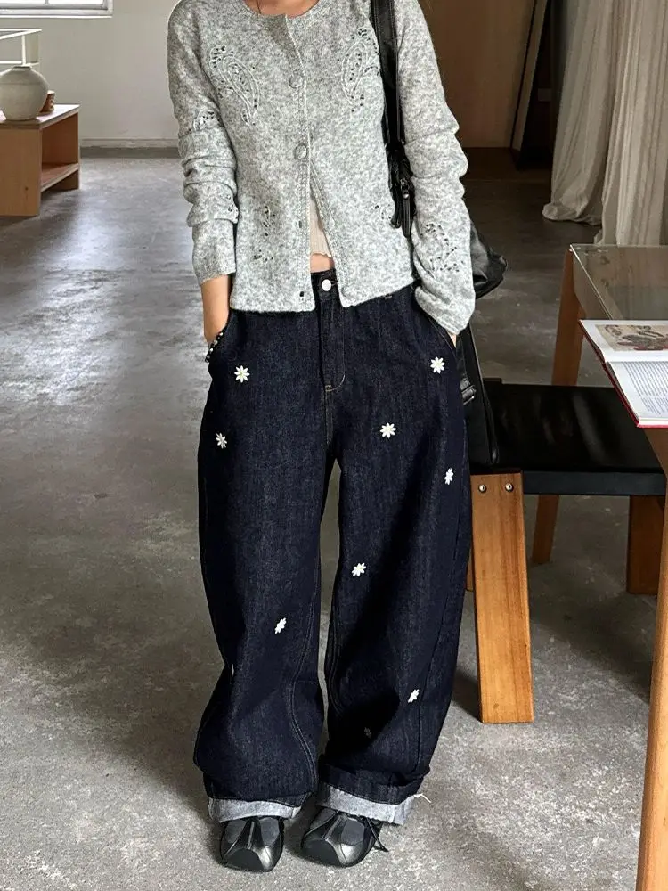 ديبتاون زهرة سوداء إلكتروني التطريز النساء الجينز الجمالية غسلها واسعة الساق الكورية موضة مستقيم سراويل جينز فضفاض Gyaru