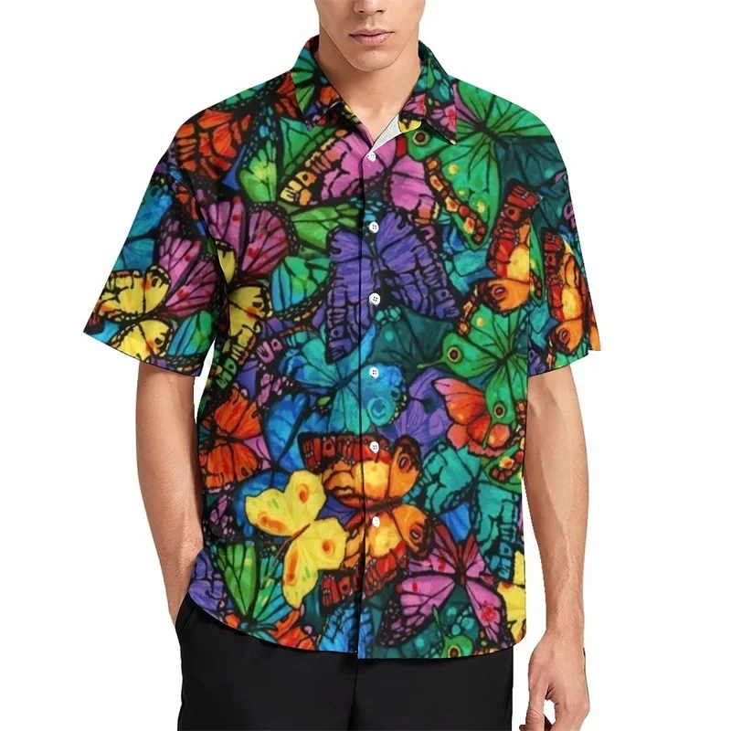 Camisas de praia extragrandes de manga curta masculinas, impressão 3D, padrões de borboleta, camisas casuais, moda verão, novo, 2024