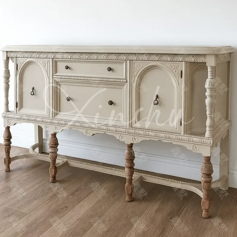Carved Solid Wood Dining Side Cabinet Villa Living Room Entrance Storage Cabinet Contrasting Color Restaurant Cupboard
