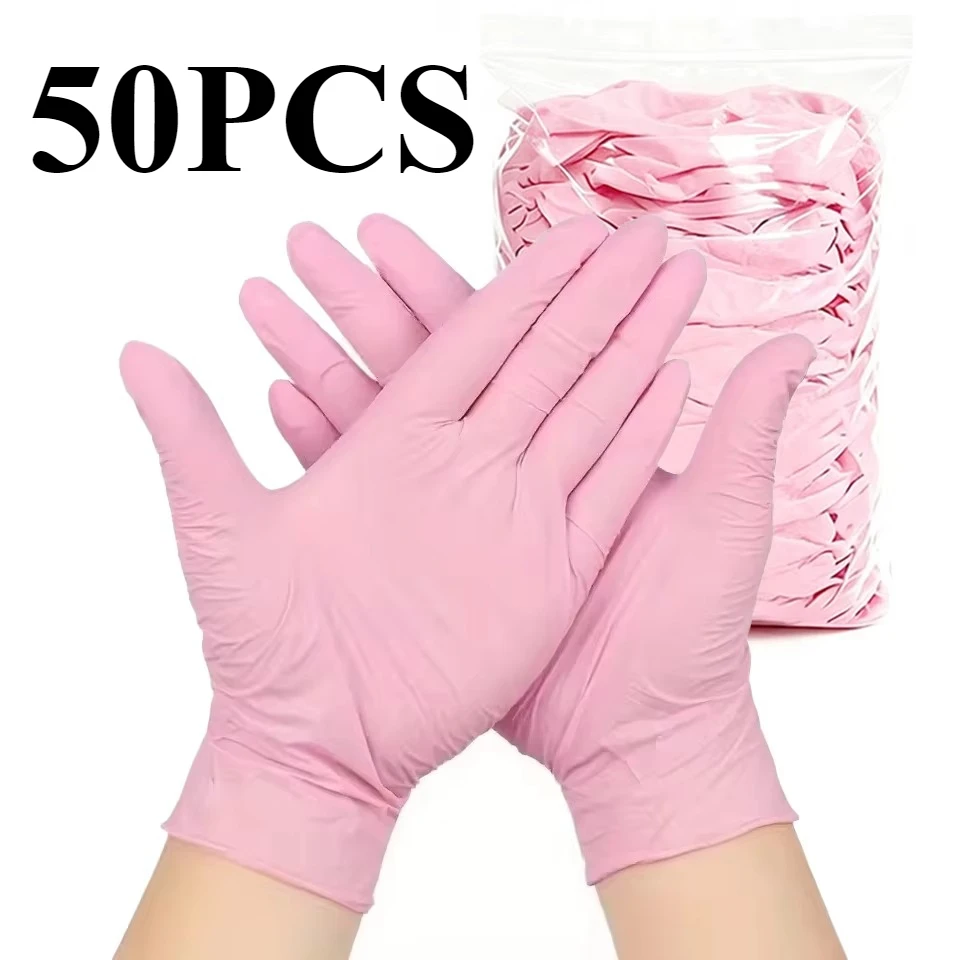 50PCS Light Pink Nitrile Gloves Disposable Powder Free Gloves for Tattoo Studio Cleaning Beauty Salon Nail Art Hair Dye Supplies