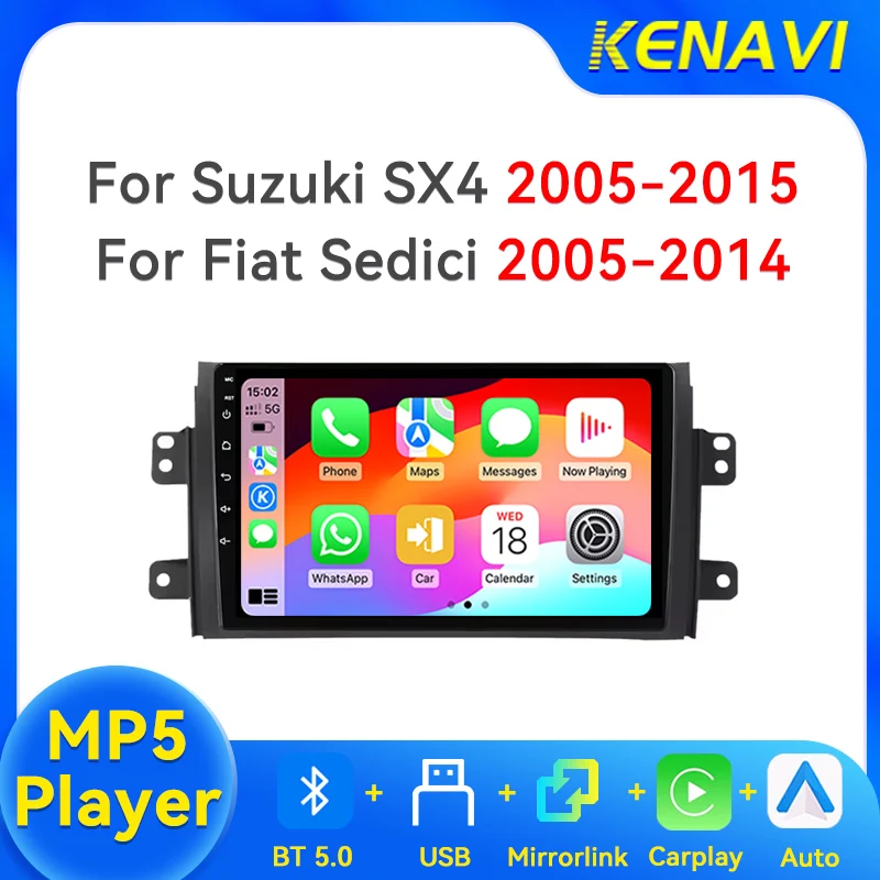 Для Suzuki SX4 2005-2015 / Fiat Sedici 2005-2014: Автомагнитола с сенсорным экраном, MP5-плеер, CarPlay, Android Auto, Bluetooth, USB, мультимедийная система