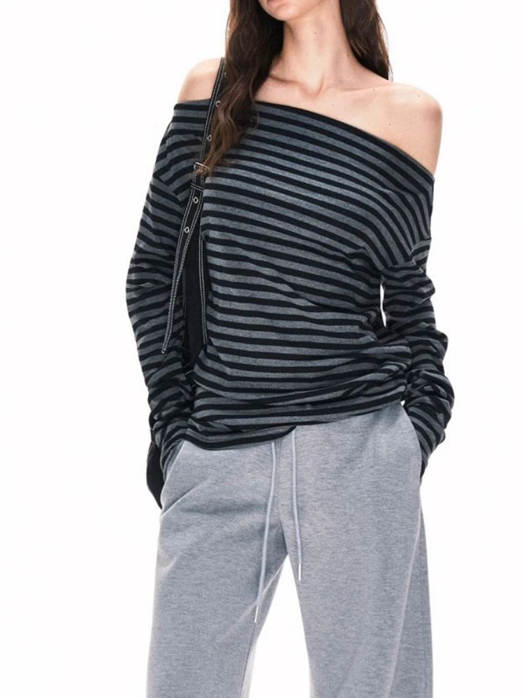 Y2k Aesthetics Stripes Slash Neck Tops Women Harajuku Casual Streetwear T-shirt Vintage Long Sleeve Simple Shirts Grunge E-girls