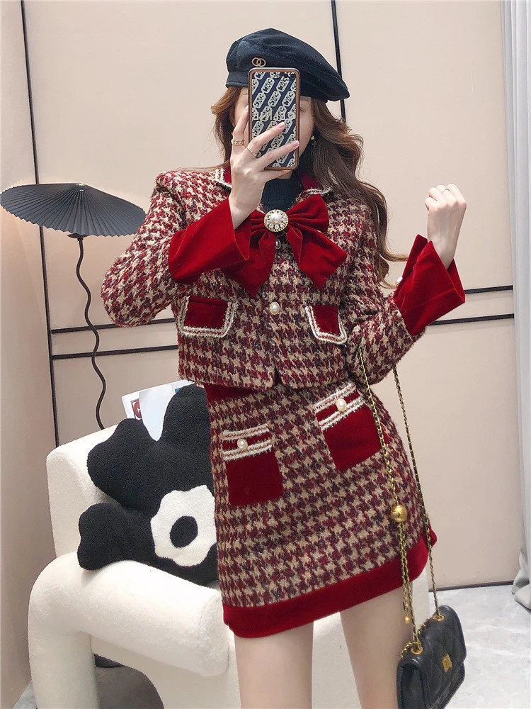 Autumn Winter Elegant Tweed Plaid Skirt Sets Women Sweet Chic Pearl Bow Woolen Jackets Mini Skirts Suit Korean Female Outfits