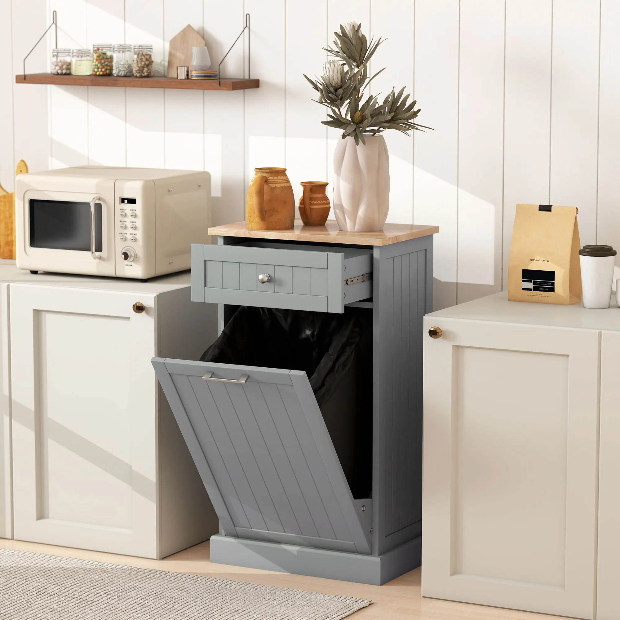HOMCOM 10 Gallon Tilt Out Trash Cabinet, Wooden Hidden Trash Can with Storage Drawer for Kitchen, Laundry Hamper Cabinet for Bathroom, Gray