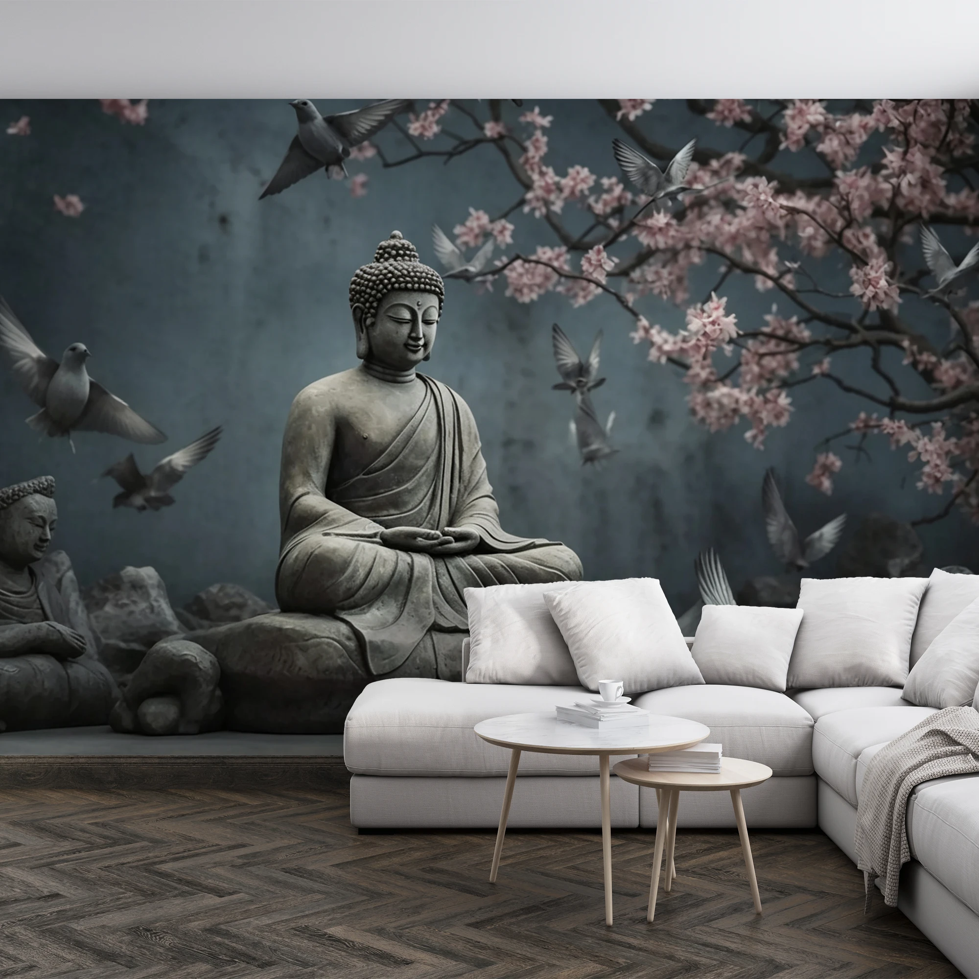 3D Buddha Statue Cherry Blossom Mural Wallpaper, Zen Meditation Wall Mural for Living Room Bedroom Decor