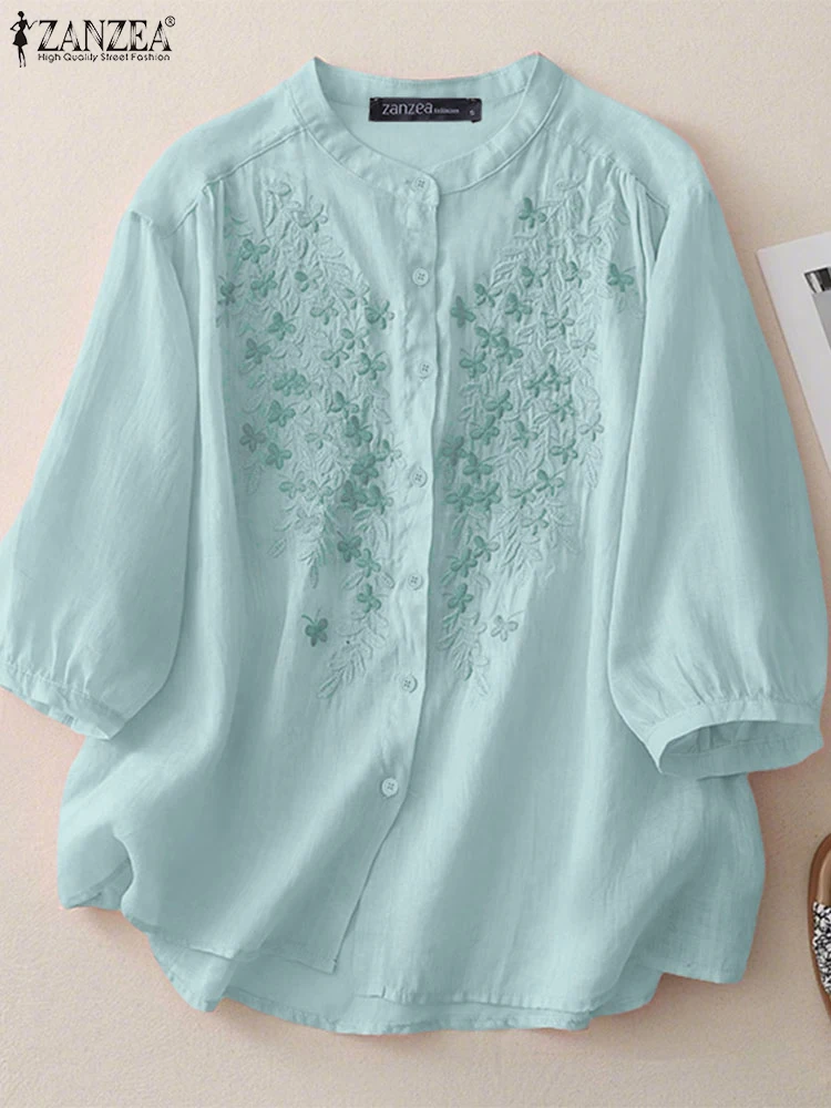 

Elegant Shirts ZANZEA Summer Autumn Blouses Women O Neck 3/4 Sleeve Tops Embroidered Blusas Femme Casual Work Shirt Chemsie 2025