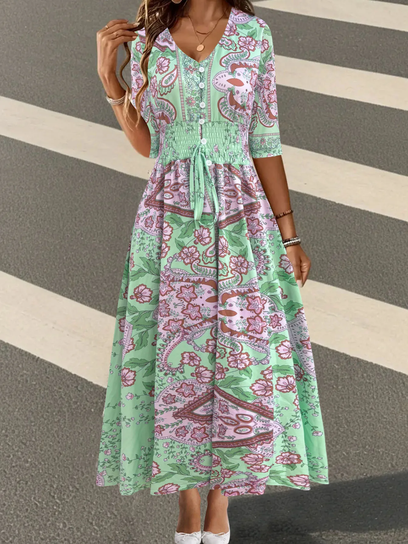 欧米風クロスボーダー秋物セール ボヘミアンプリント エレガントVネック長袖ワンピース