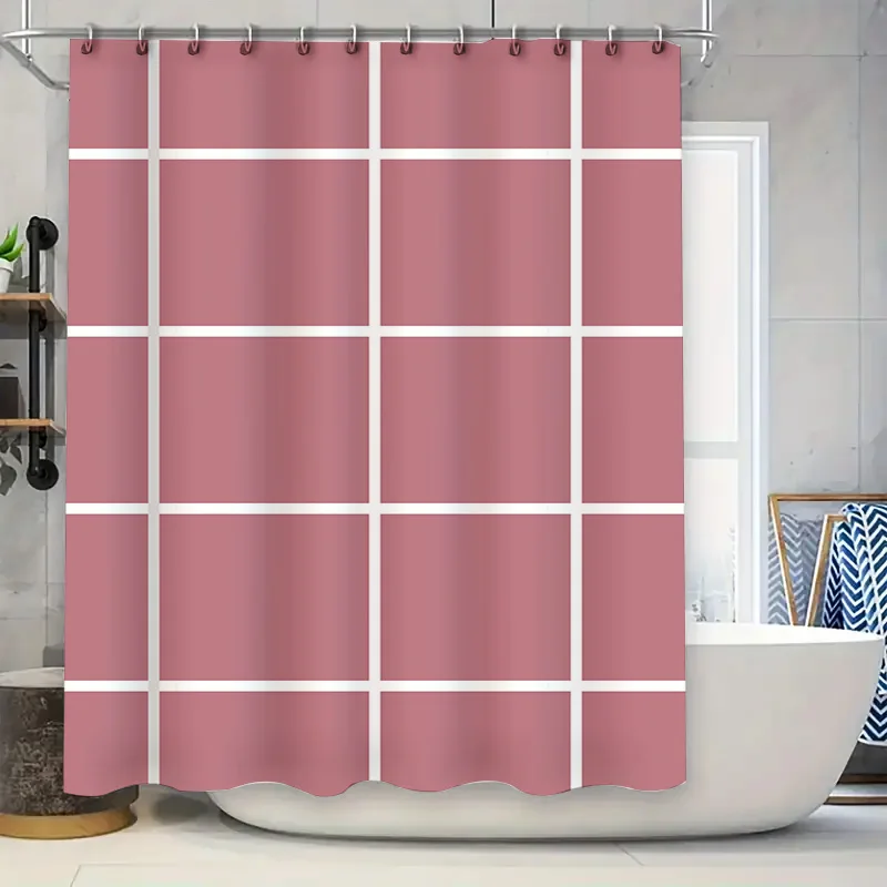 

Modern Pink Shower Curtain with Grid Design Perfect Fit for Bathtub Bathrooms Decorative Shower Curtains for Home Use