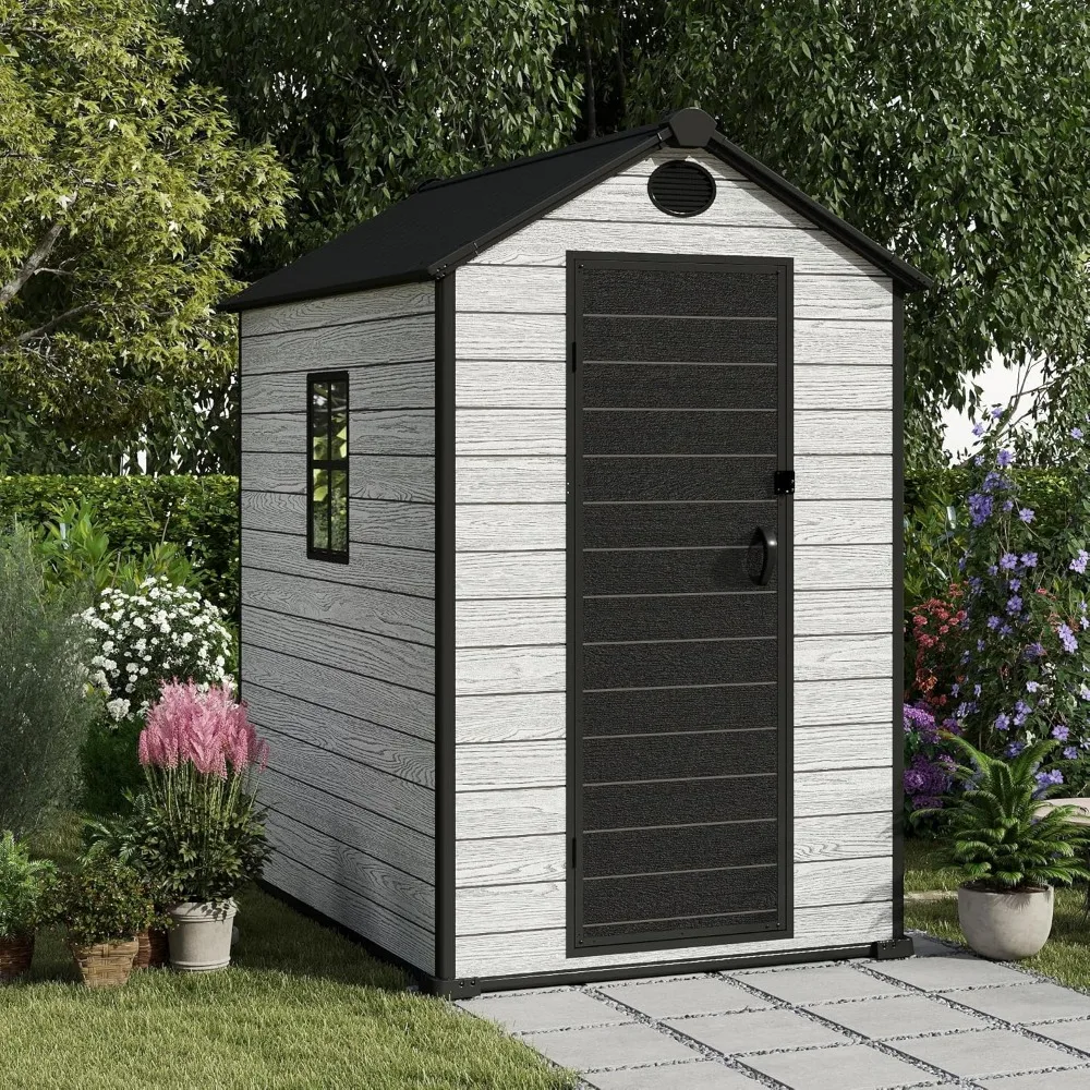 

4.4x6 FT Resin Outdoor Storage Shed, 230 Cuft Garden Tool Sheds & Outdoor Storage Plastic Shed with Floor, 7FT Tall Backyard Out