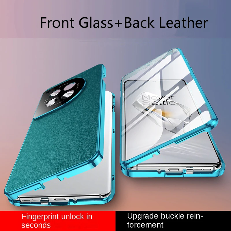 

For OnePlus 15R 12 11 13S Metal Magnetic Phone Case Tempered Glass Double Sided Full Lens Protection PU Leather Back Cover Cases