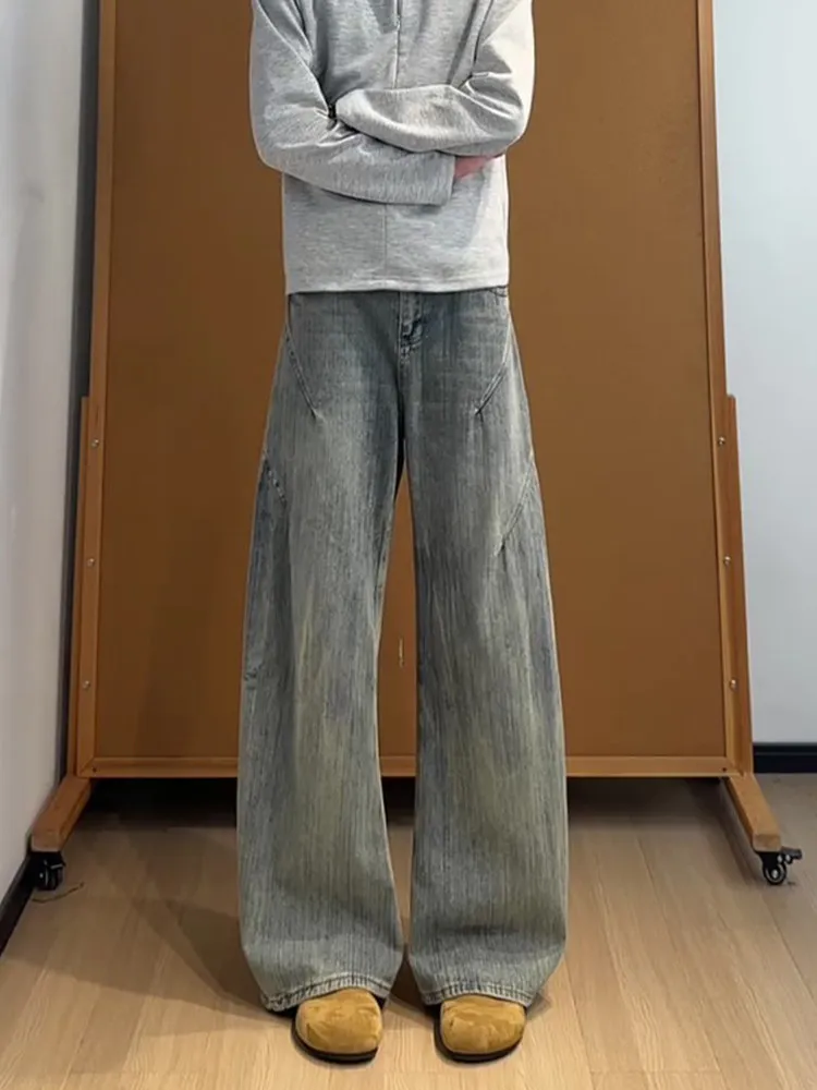 Light Blue Wide Leg Men's Jeans American Style Loose Flared Long Trousers Autumn Fashion Casual Wear Resistant Daily Use