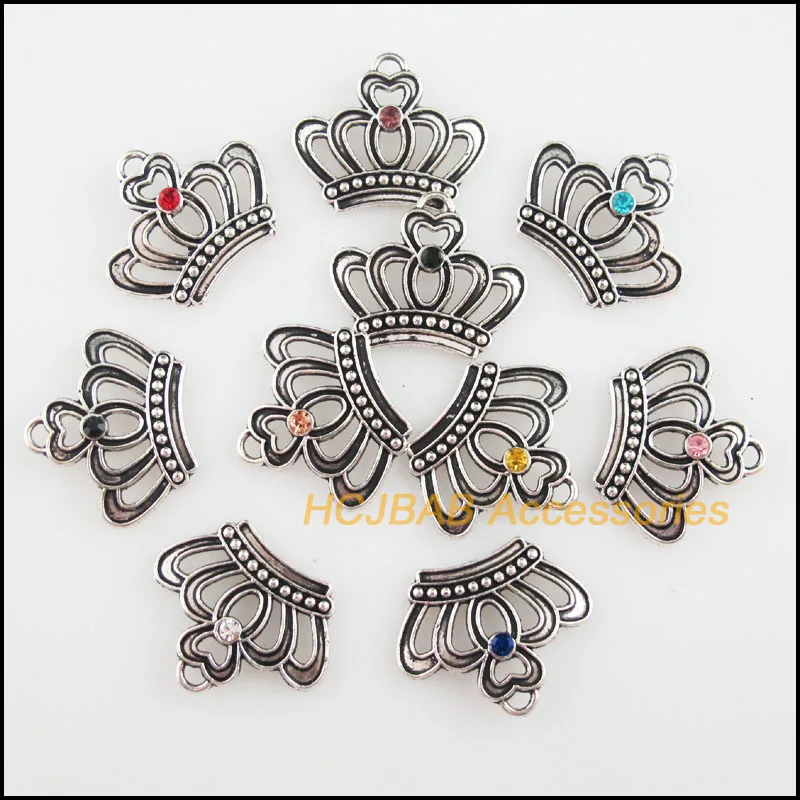 Fashion 20Pcs Tibetan Silver Plated Retro Crown Mixed Crystal Charms Pendants 18x22mm