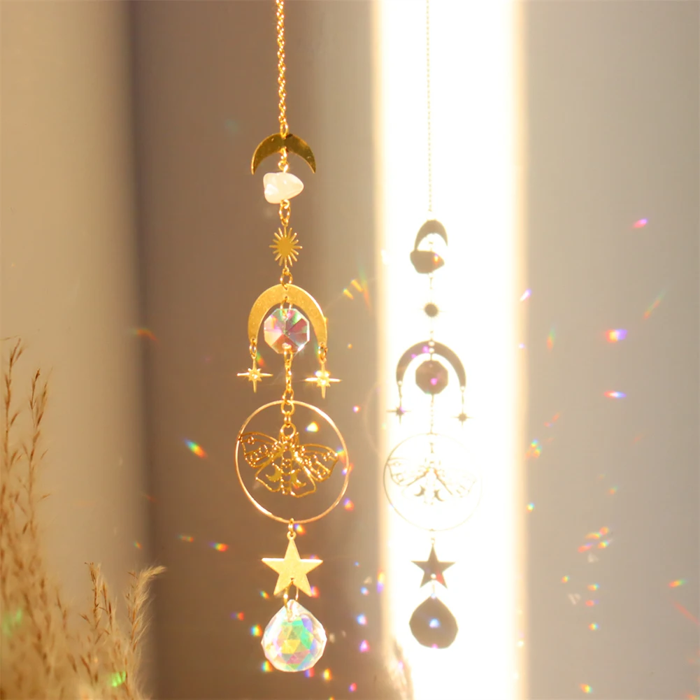 Butterfly Crystal Wind Chimes Moon Sun Catchers Prisms Pendant Light Catcher Rainbow Chaser Hanging Ornaments Home Garden Decor