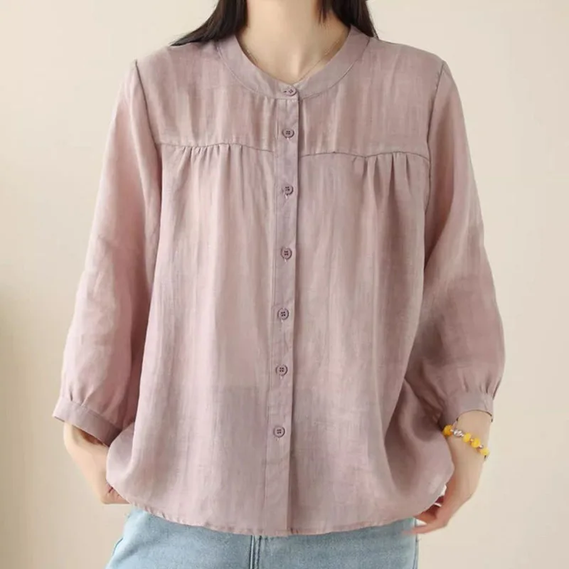 Spring and Summer All-Match Loose Slimming Cotton Hemp Cardigan Top, Cotton Hemp Three-Quarter Sleeve Shirt for Women
