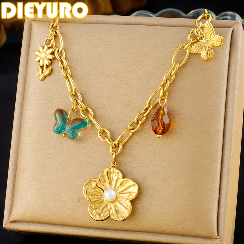 

DIEYURO 316L Stainless Steel Golden Flower Butterfly Pearl Necklace For Women Trend Non-Fading Clavicle Chain Glamorous Gift