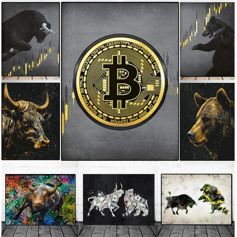 Bitcoin Crypto Bull Bear Market Canvas Painting Money Wall Art Poster Print Living Room Office Bedroom Modern Home Decor Cuadros