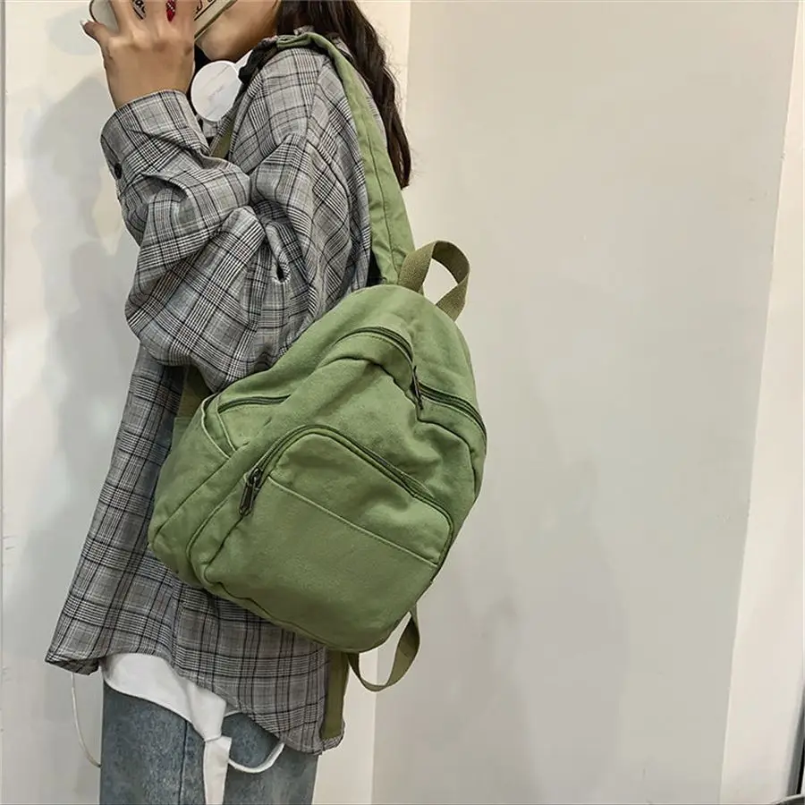 Women High-capacity Backpack Students Canvas Schoolbag Books Ins Fashion Traveling Shopping Multifunctional Pure Color Casual