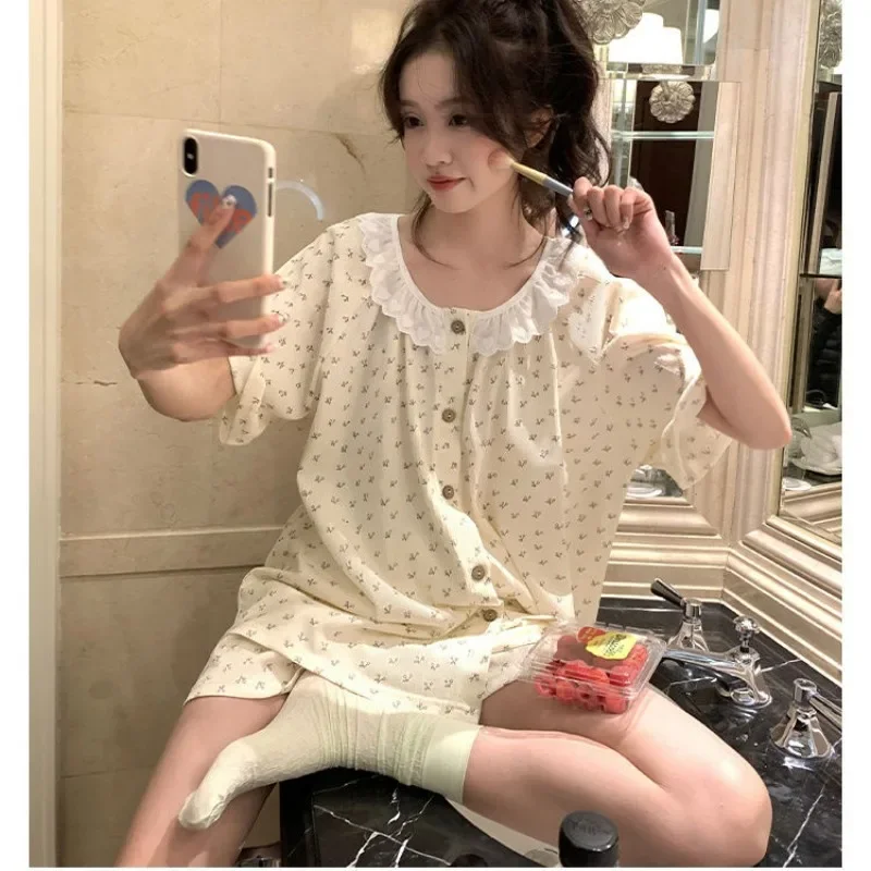 Cherry Sleepwear Women Korean Reviews Many Pajama Sets Summer Home Wear Short Sleeve Pyjamas Lace Two-piece Set Japanese Piiama