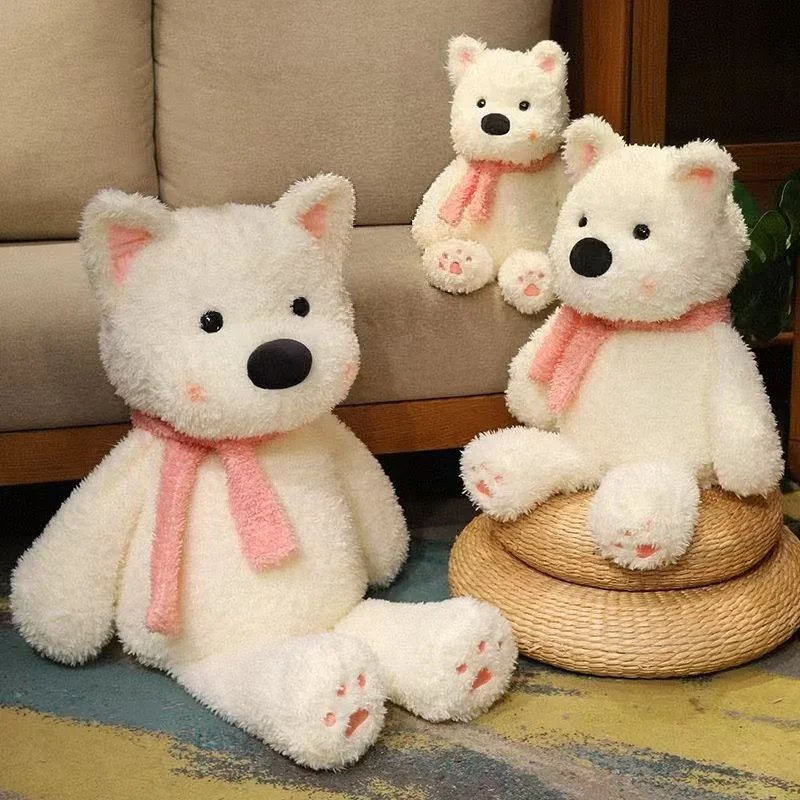 

50~90cm Pink Scarf White West Highland Dog Doll Kawaii Cartoon Puppy Animal Plush Toy Birthday Gift