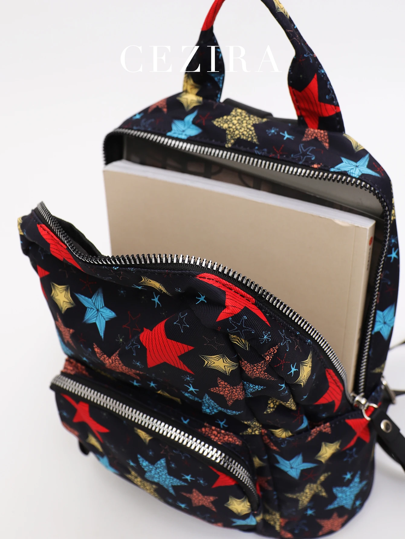 CEZIRA Women Leopard Star Pattern Backpack Light-waterproof Multi Pockets Soft Nylon Zipper Fashion Knapsack Daily Travel School
