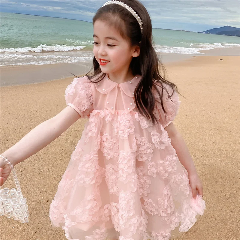 Baby Girls 3D Flowers Dress Summer Beaded Collar Princess Dress Fashion Kids Birthday Party Gown Children Clothes Vestidos 2-8 Y 2