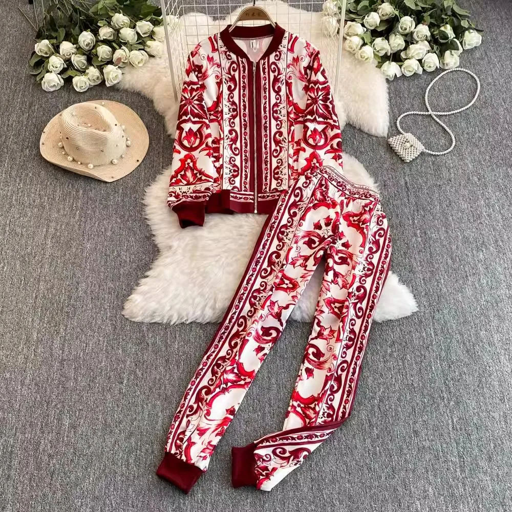 Fashion Autumn Blue And White Porcelain Print Zipper Long Sleeve Jacket Coat Suits + Elastic Waist Harlan Pants Casual 2PCS Set