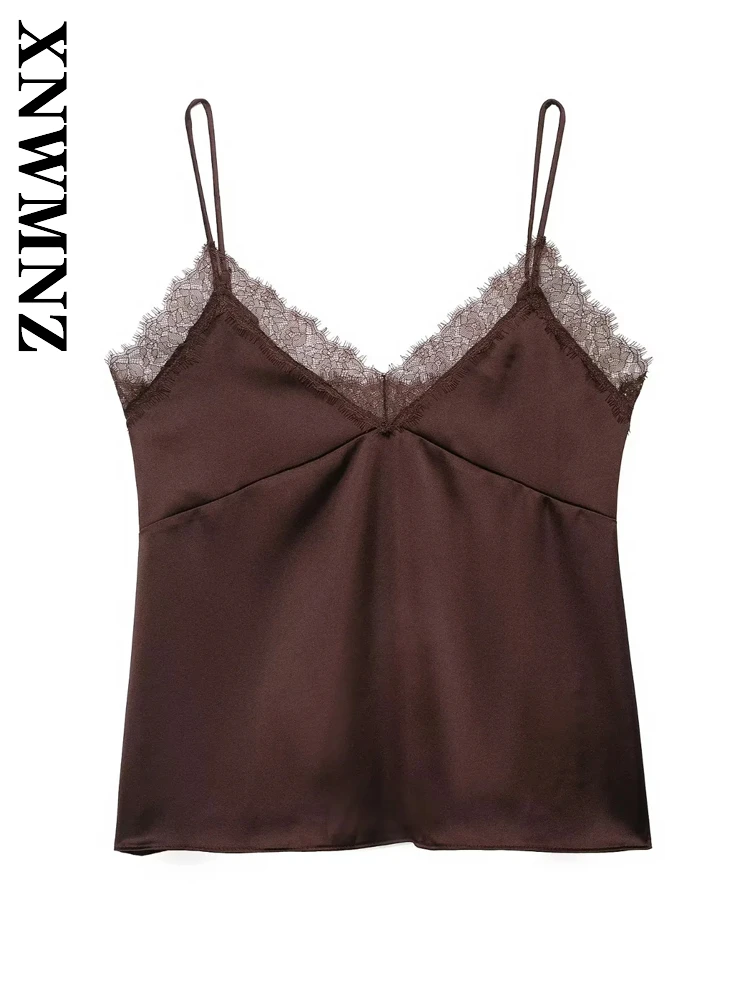 

XNWMNZ 2025 Autumn Woman Casual Simple thin shoulder strap Backless Satin Vest Party Fashion Women Clothing BROWN Sexy Slip Top