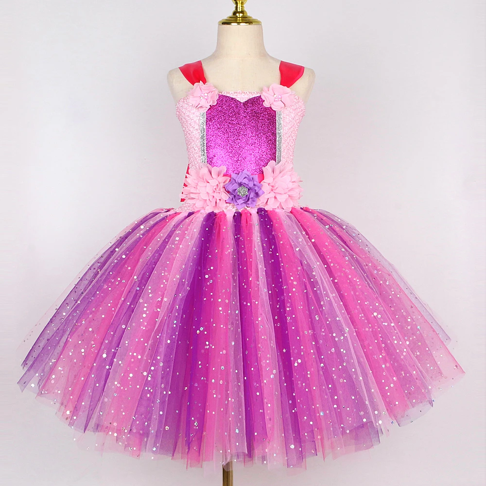 Sparkly Purple Pink Fairy Costume for Girls Flower Fairy Princess Dresses Kids Halloween Outfit Christmas Tutus with Wings Stick