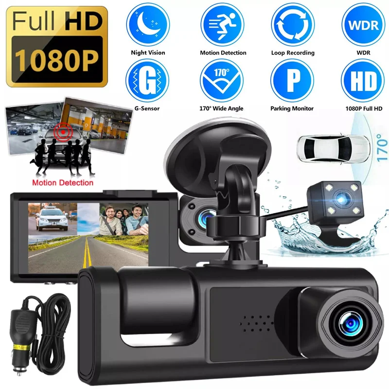 3 Channel Car DVR HD 1080P 3-Lens Inside Vehicle Dash CamThree Way Camera DVRs Recorder Video Registrator Dashcam Camcorder