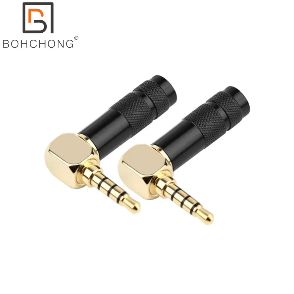 2pcs 3.5mm 90 Degree Headphone Plug Jack 4 Pole TRRS Gold Plated Copper Adapter Earphone Line Connector 6.0mm Wire Hole Audio