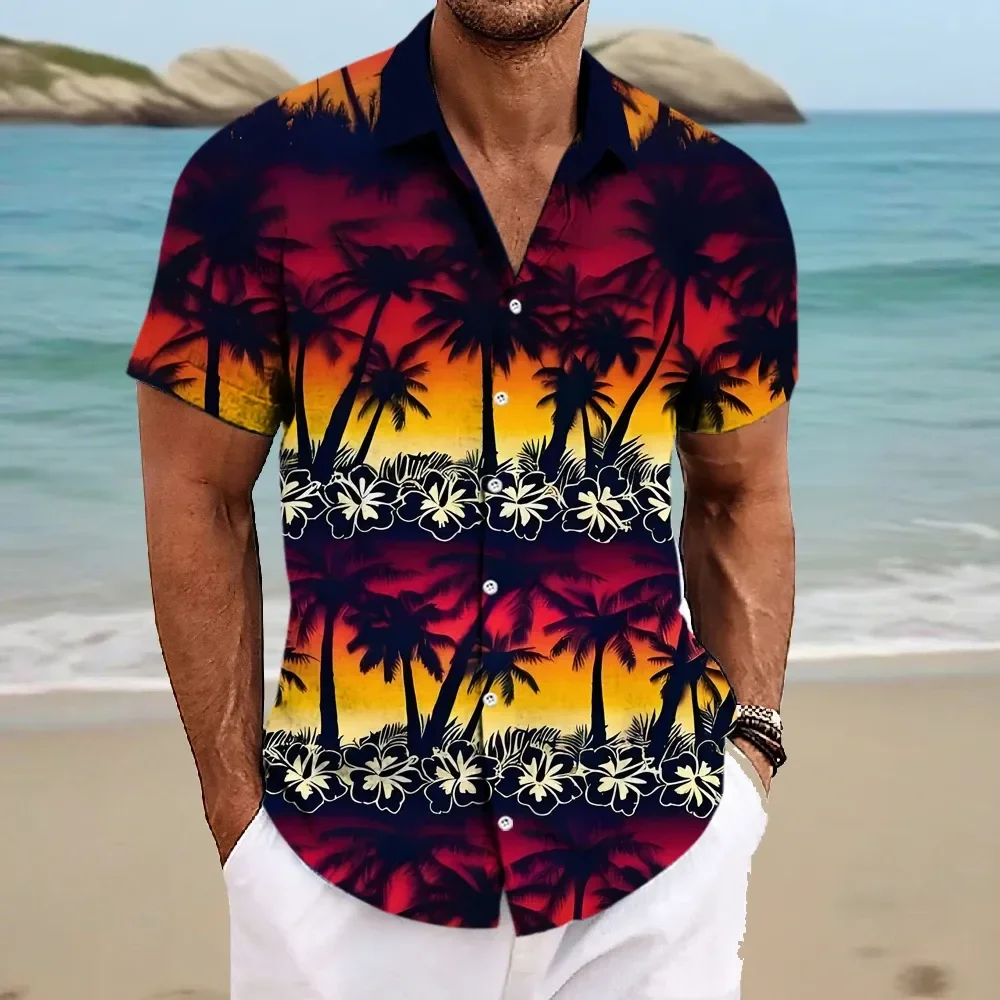 Men Hawaiian Shirt Tropical Palm Flower 3D Print Casual Shirts Outdoor Fashion Short Sleeve Beach Oversized Loose Men Clothing