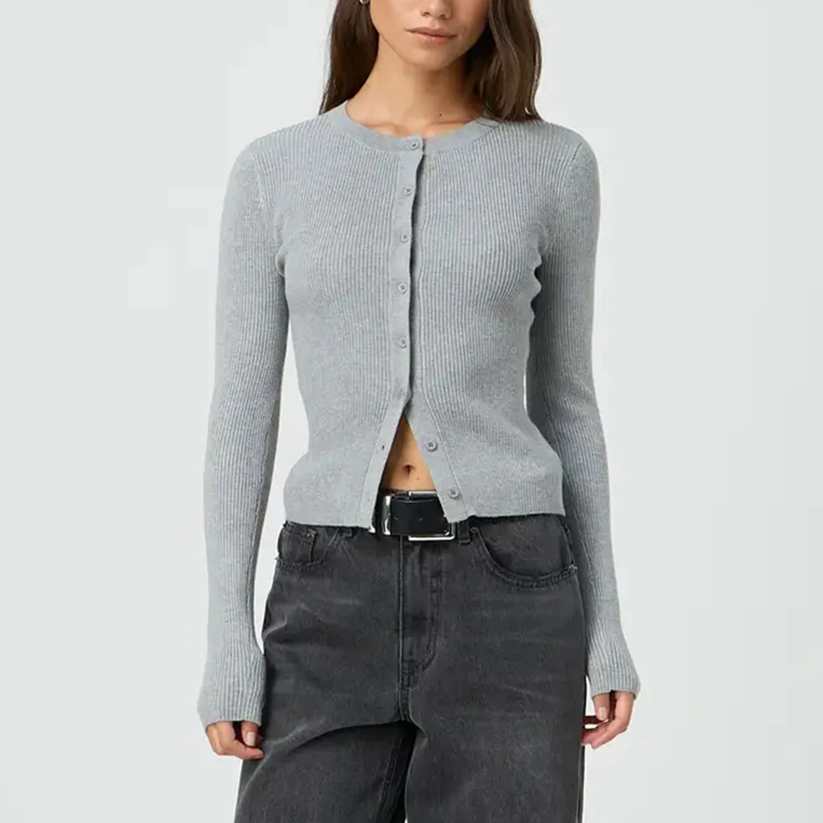 

Women's Ribbed Cardigan Tops Spring Fall Solid Color Long Sleeve Round Neck Button Up Cropped Sweaters Female Casual Pullovers