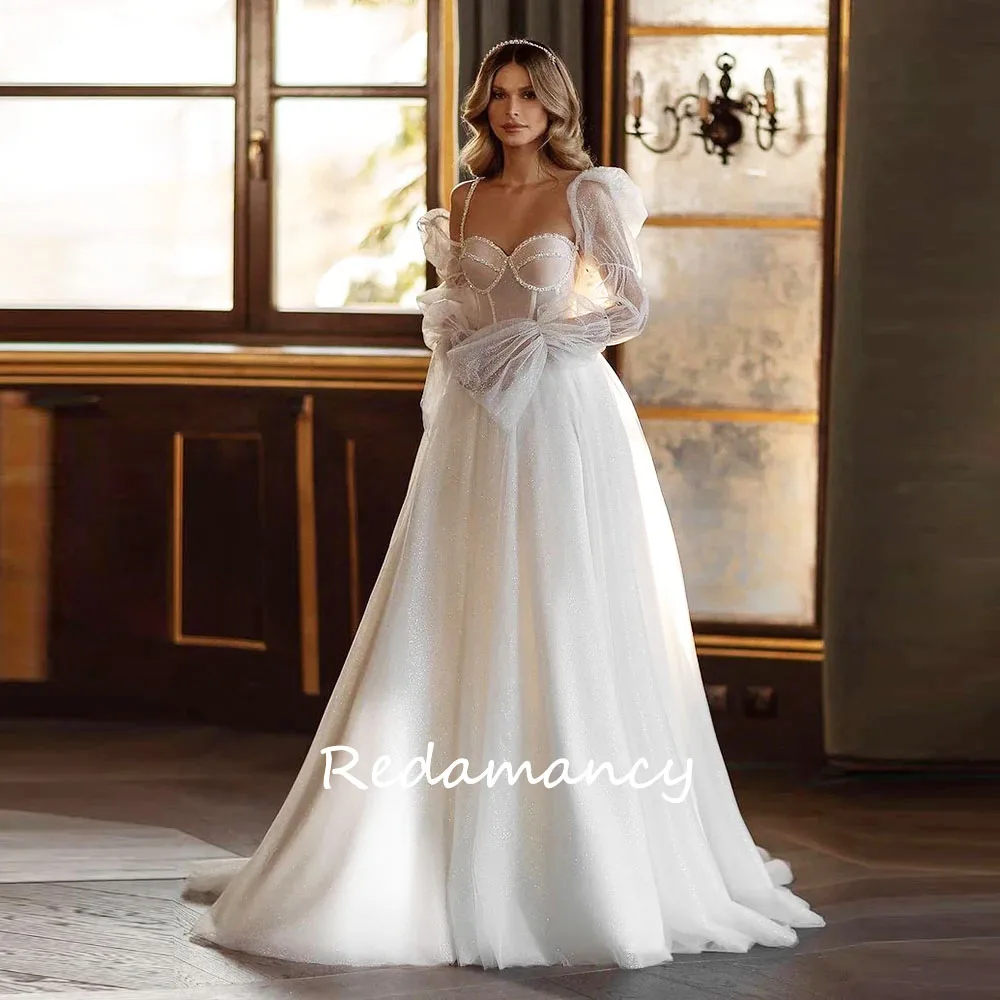 Redamancy-vestidos De Novia elegantes De línea a, manga larga festoneada, encaje bordado, purpurina, 2024