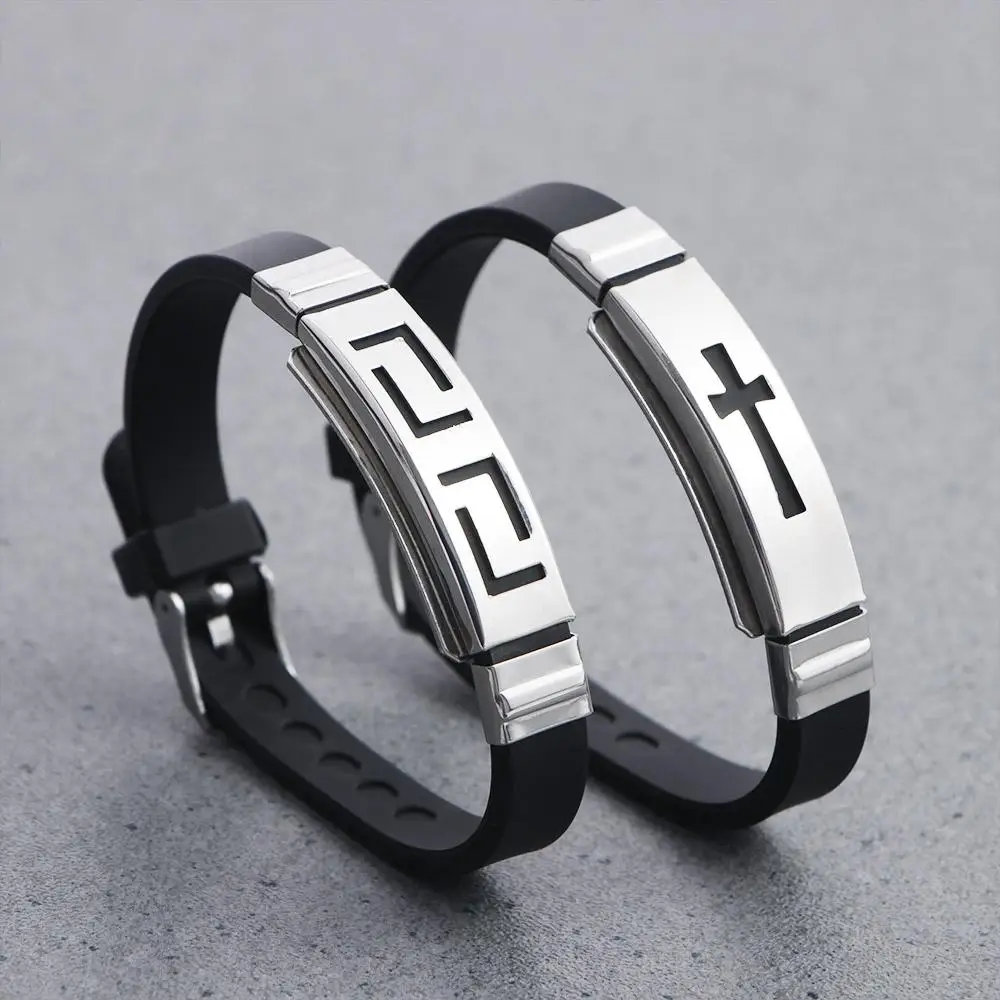 

Cool Cross Personality Fashion Design Stainless Steel Korean Hand Rope Jewelry Accessories Silicone Bracelet Men Wristband