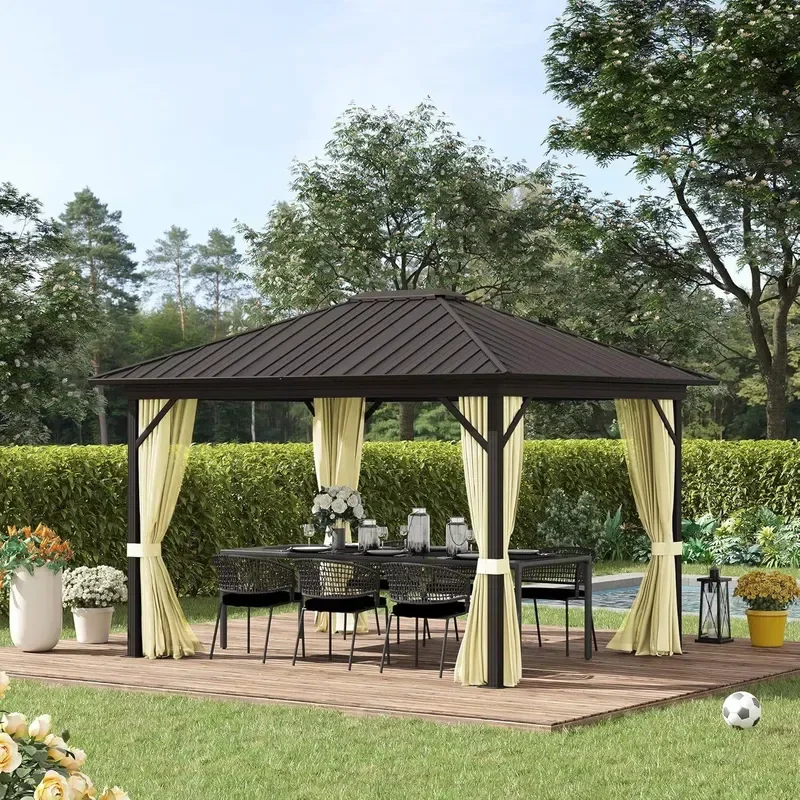 10' x 12' Hardtop Gazebo with Curtains and Netting, Permanent Pavilion Metal Single Roof Gazebo Canopy with Aluminum Frame